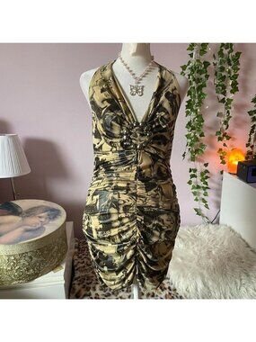 Y2K printed & ruched halter neck bodycon mini dress